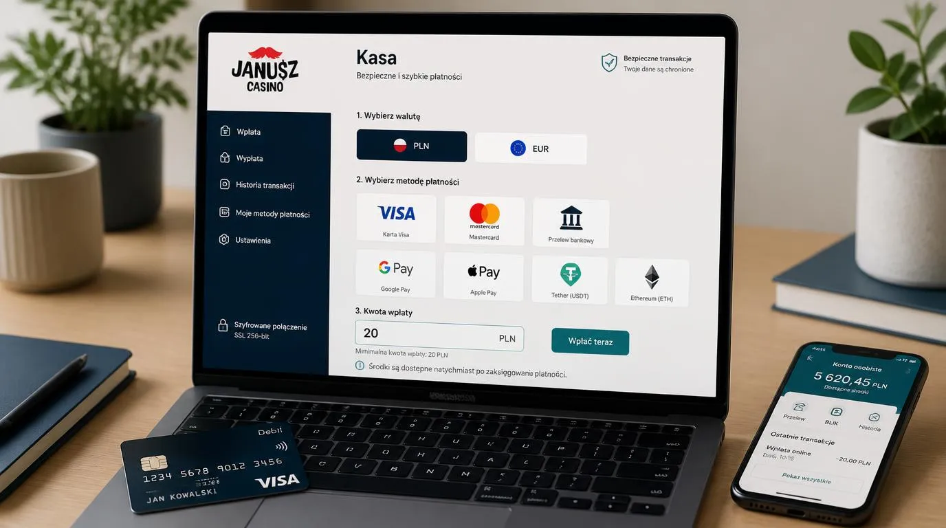 Ekran kasy z wyborem PLN i EUR oraz metodami wpłaty kartą, przelewem i kryptowalutą