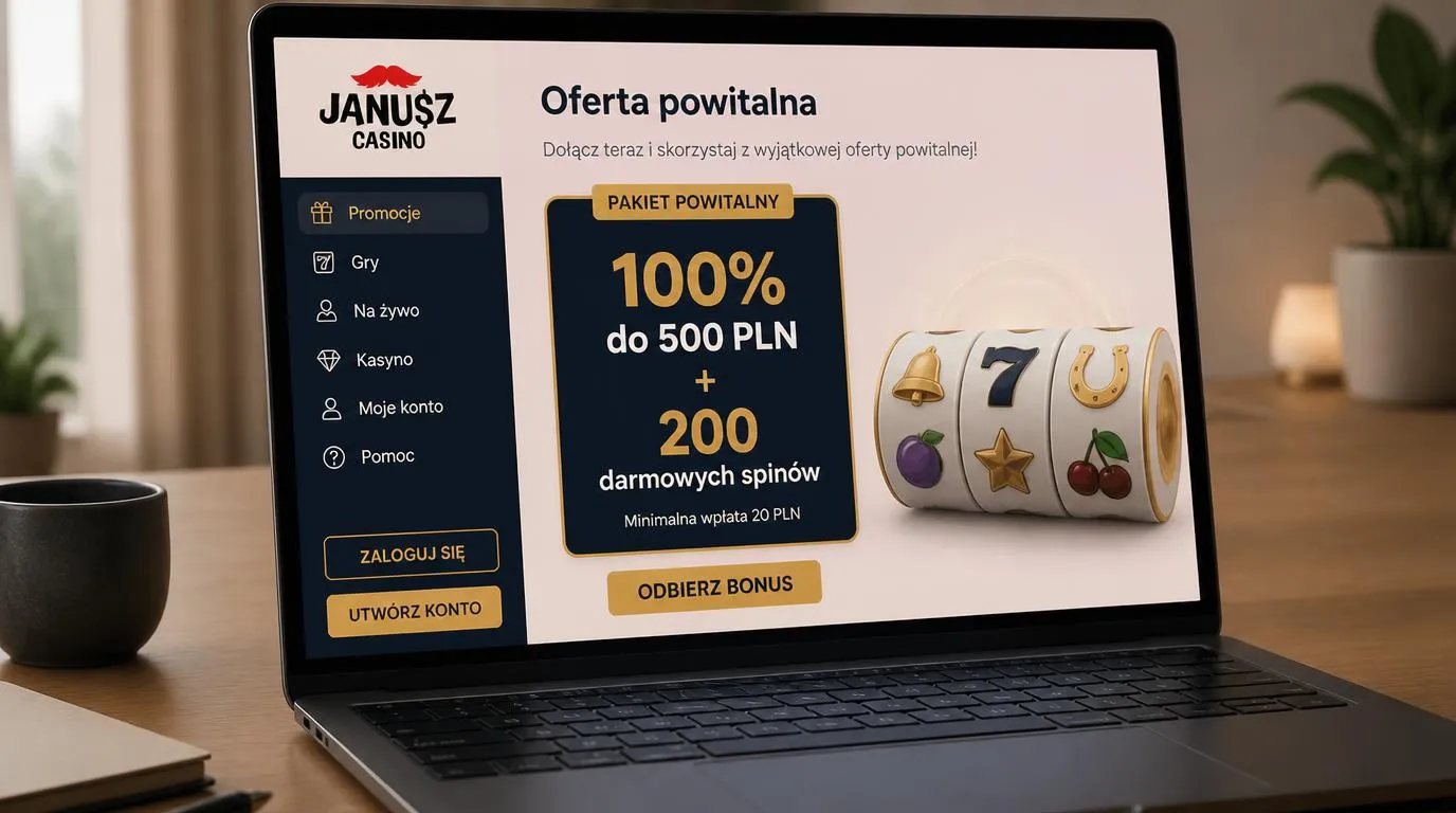 Ekran oferty powitalnej z bonusem do 500 PLN, 200 darmowymi spinami i minimalną wpłatą 20 PLN